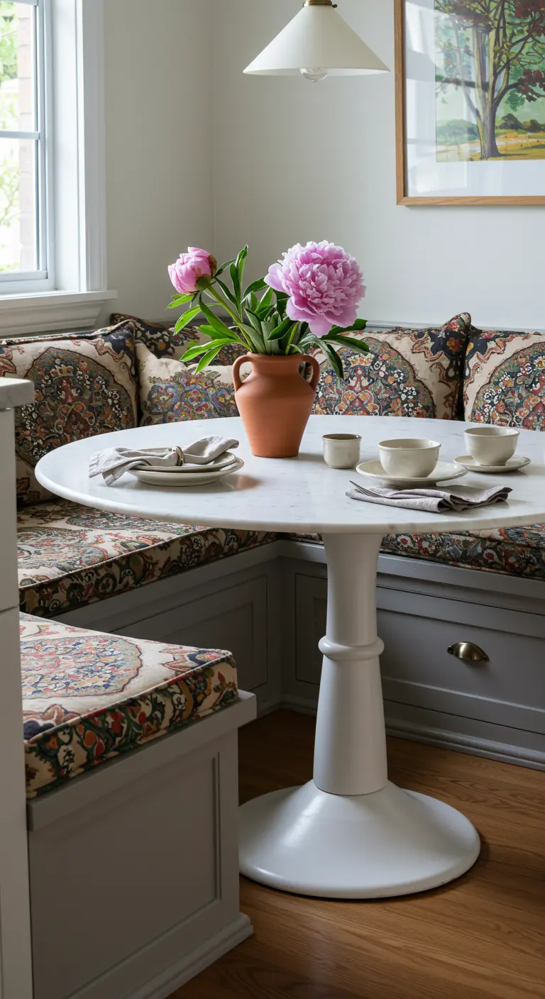 Coin repas intime avec une pivoine rose dans un vase en terre cuite sur une table en marbre.