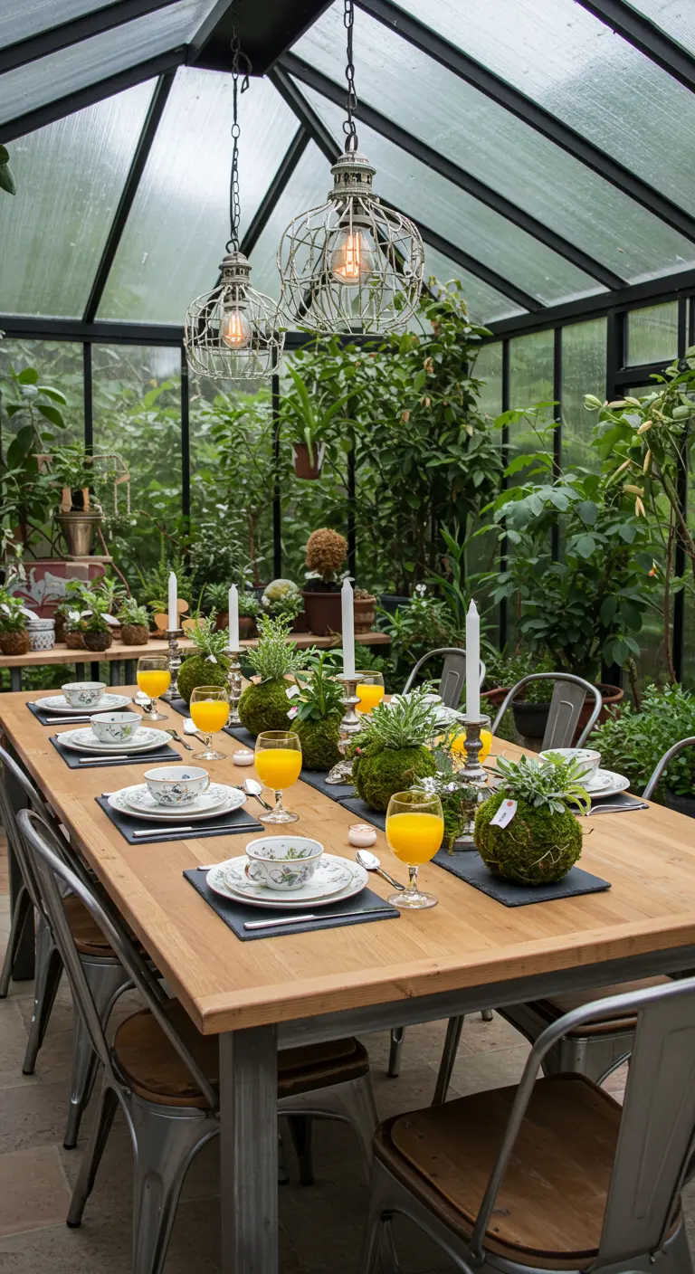 Table dressée dans une serre avec des kokedamas comme centres de table.