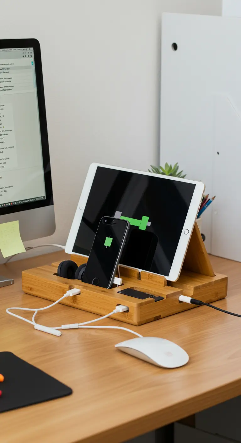 Station de charge en bambou sur un bureau, organisant téléphone, tablette et câbles.
