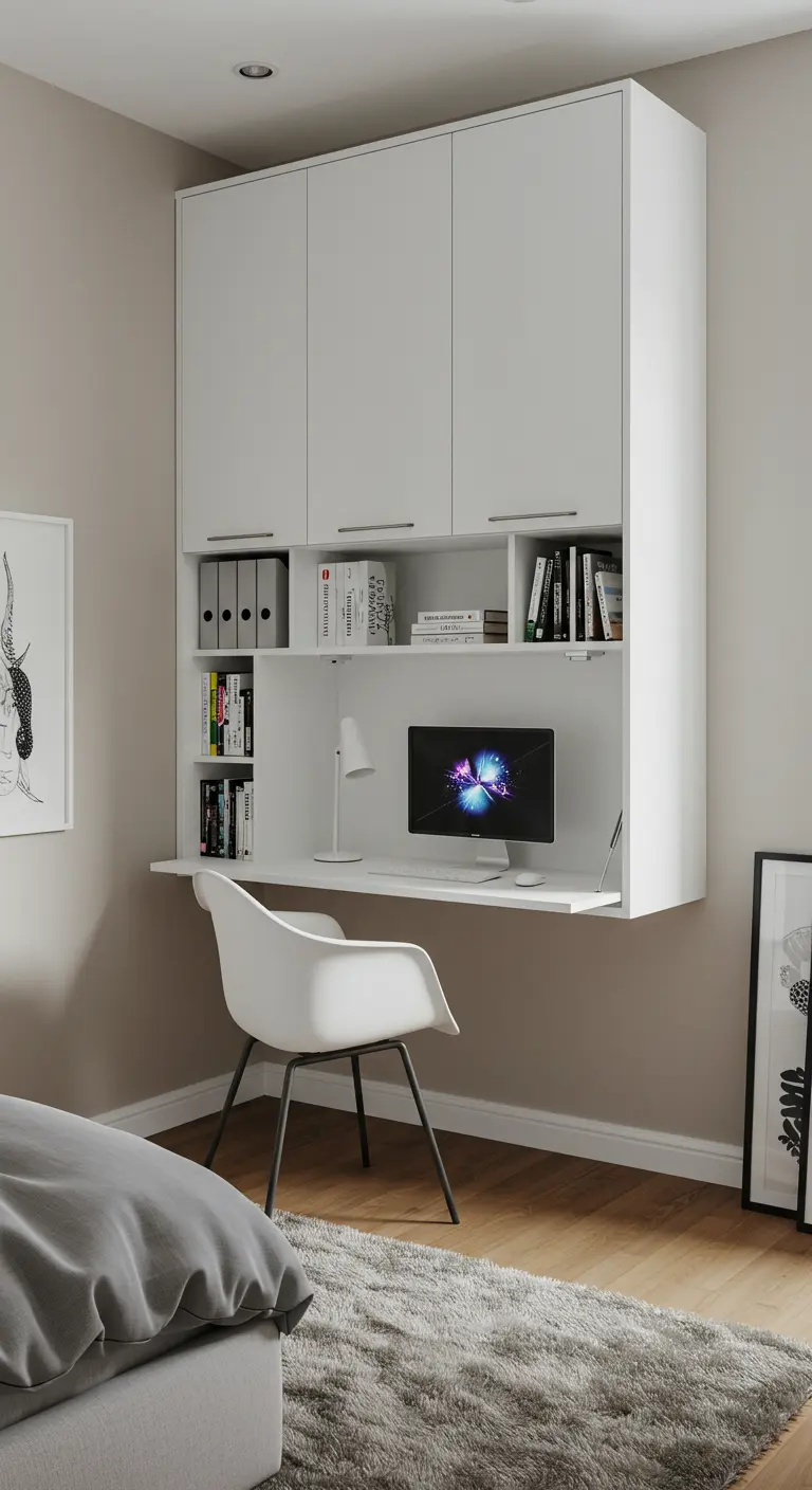 Unité de bureau murale blanche avec placards supérieurs et bureau rabattable.