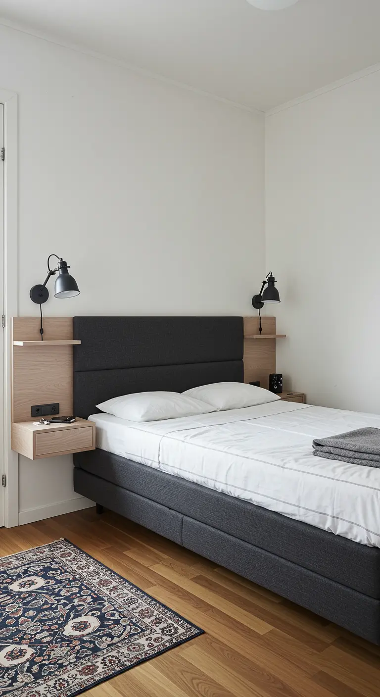 Tête de lit grise avec tables de chevet flottantes intégrées en bois clair.