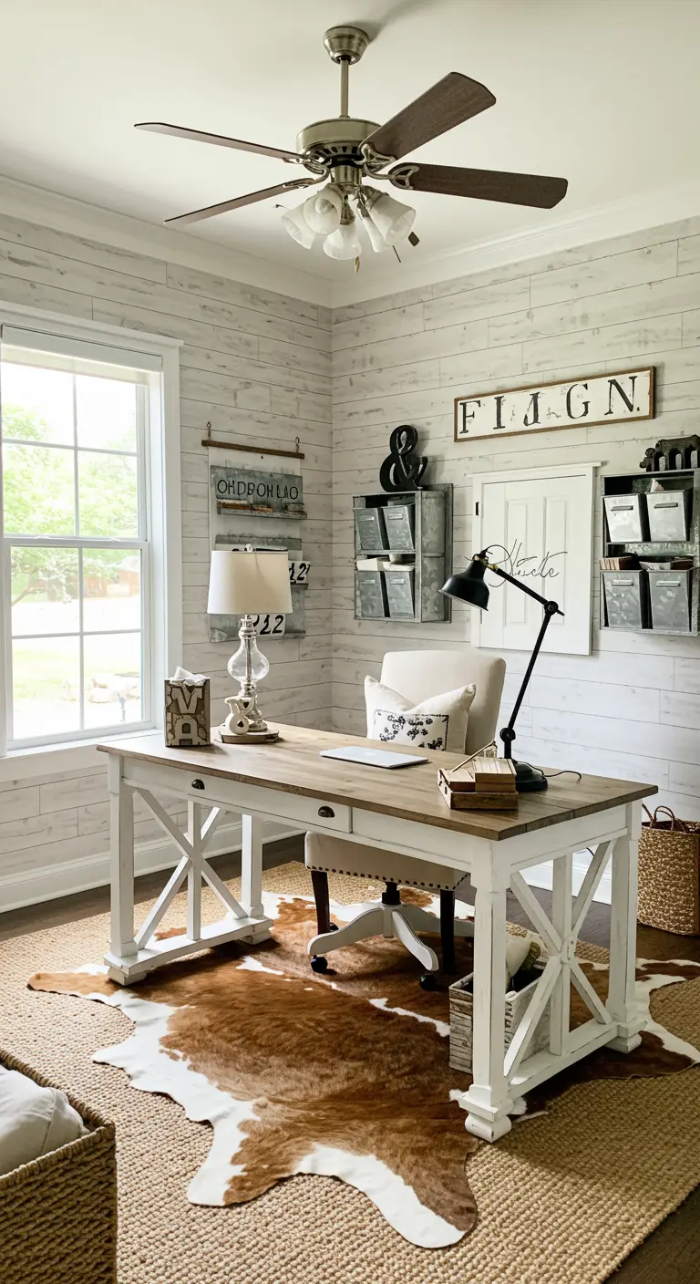 Bureau de style farmhouse avec un tapis en fausse peau de vache superposé sur un grand tapis en sisal.