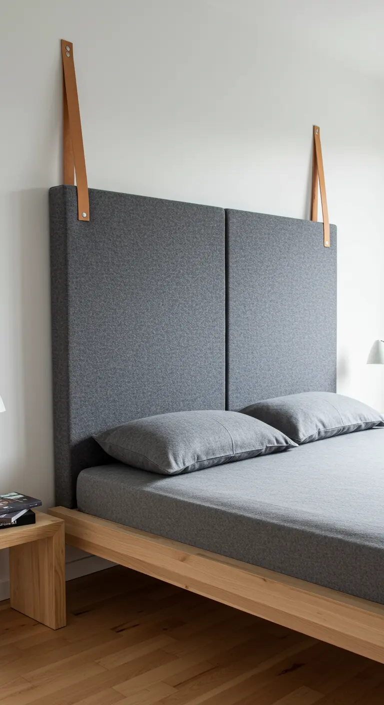 Tête de lit suspendue composée de deux panneaux gris en feutre tenus par des lanières en cuir.