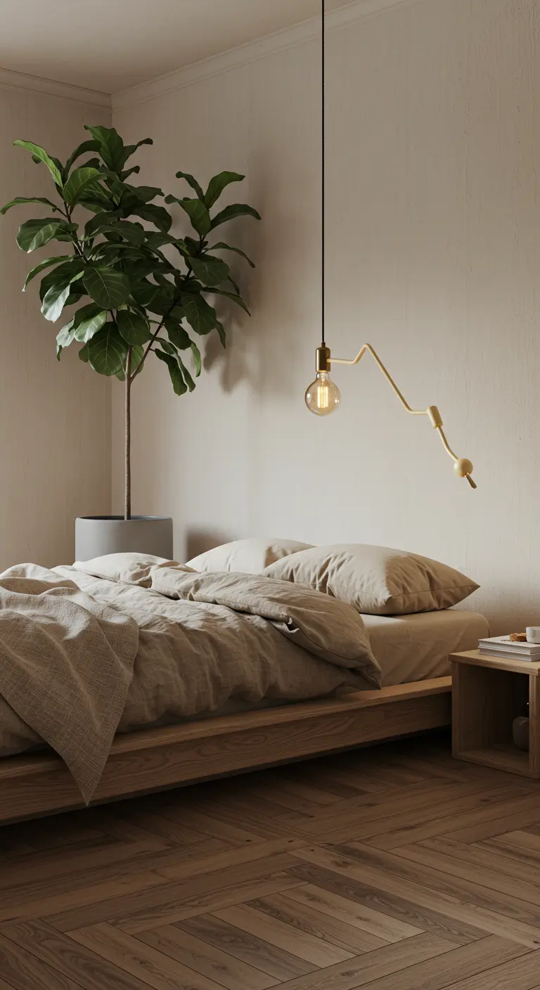 Lit avec linge de lit beige, grande plante verte et une suspension articulée dorée.