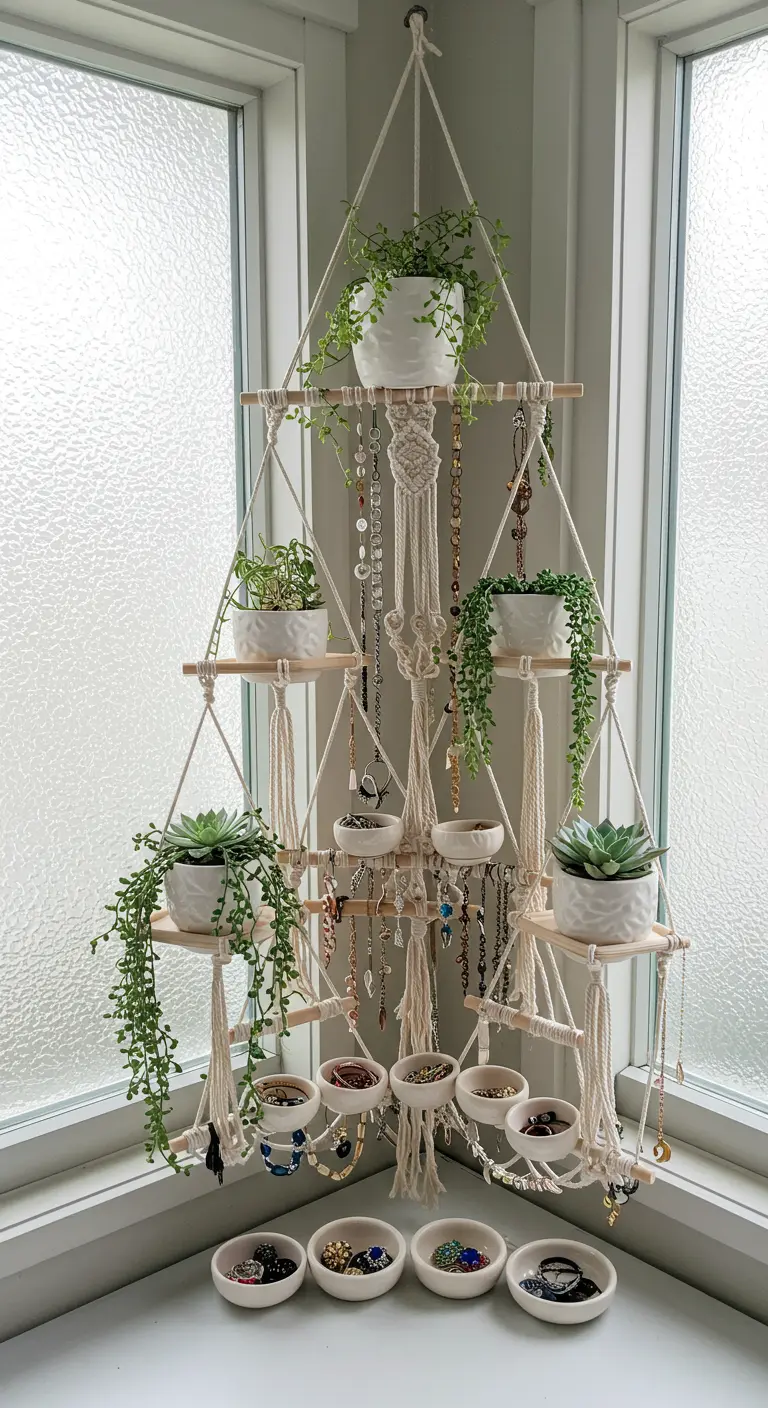 Étagère suspendue en macramé avec des plantes et des petits bols pour bijoux.