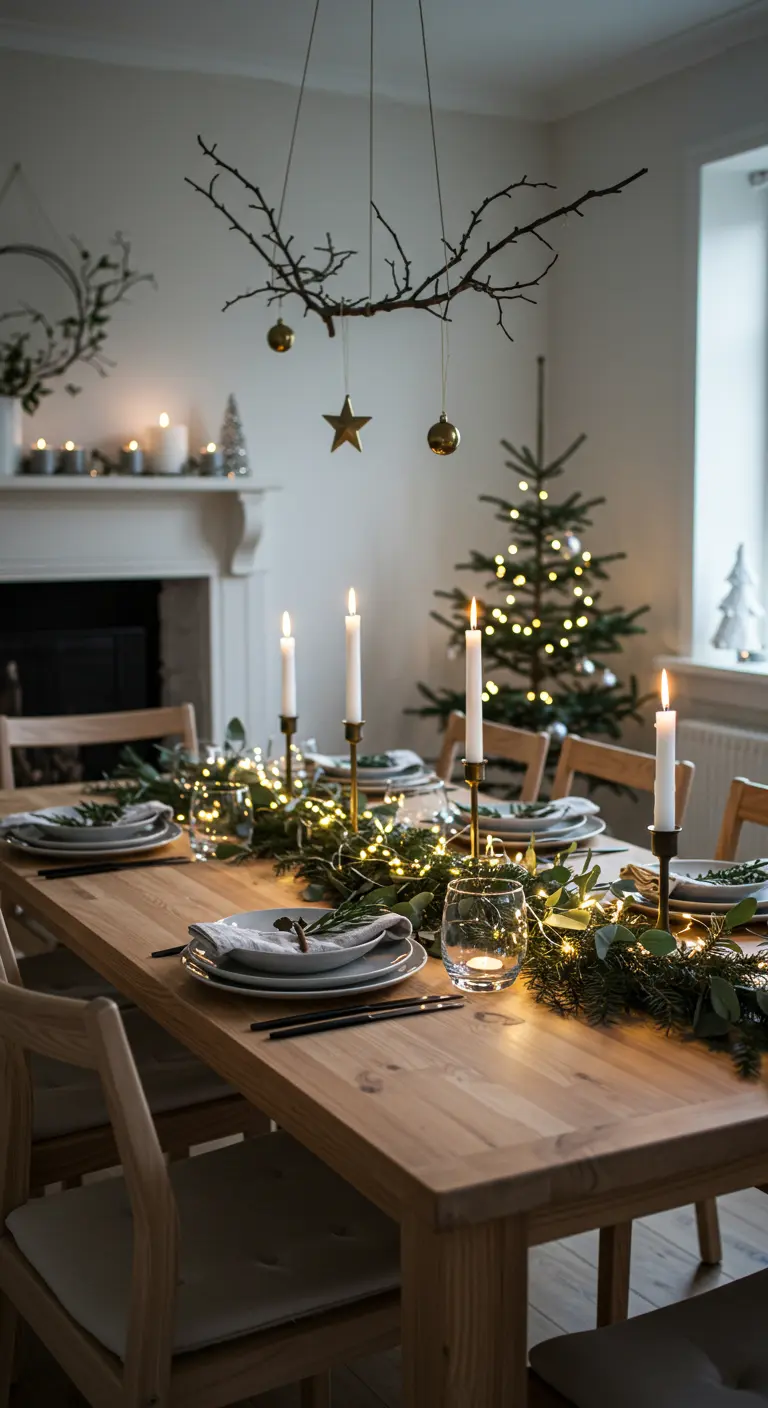 Table de Noël élégante avec une branche décorative suspendue et un chemin de table végétal.