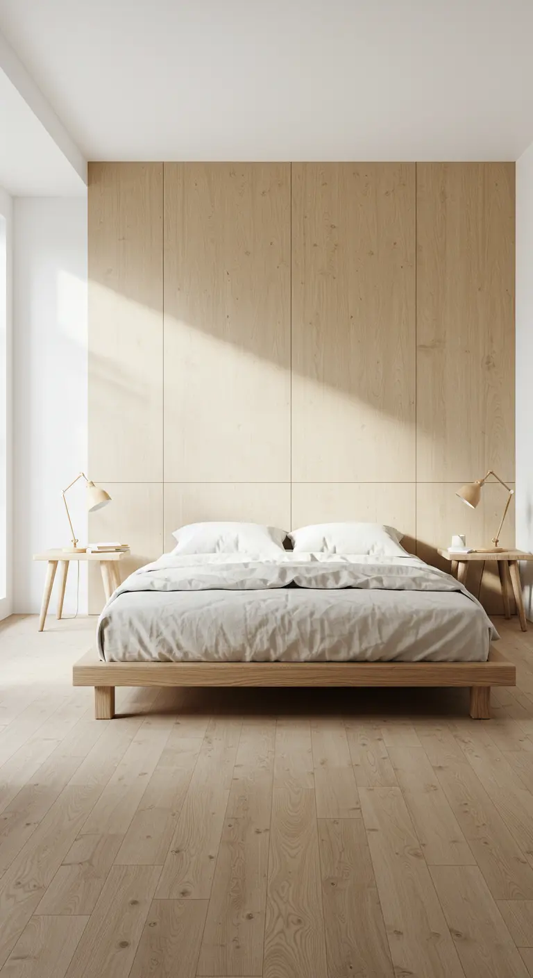 Chambre symétrique avec un mur en bois clair et deux tables de chevet identiques.