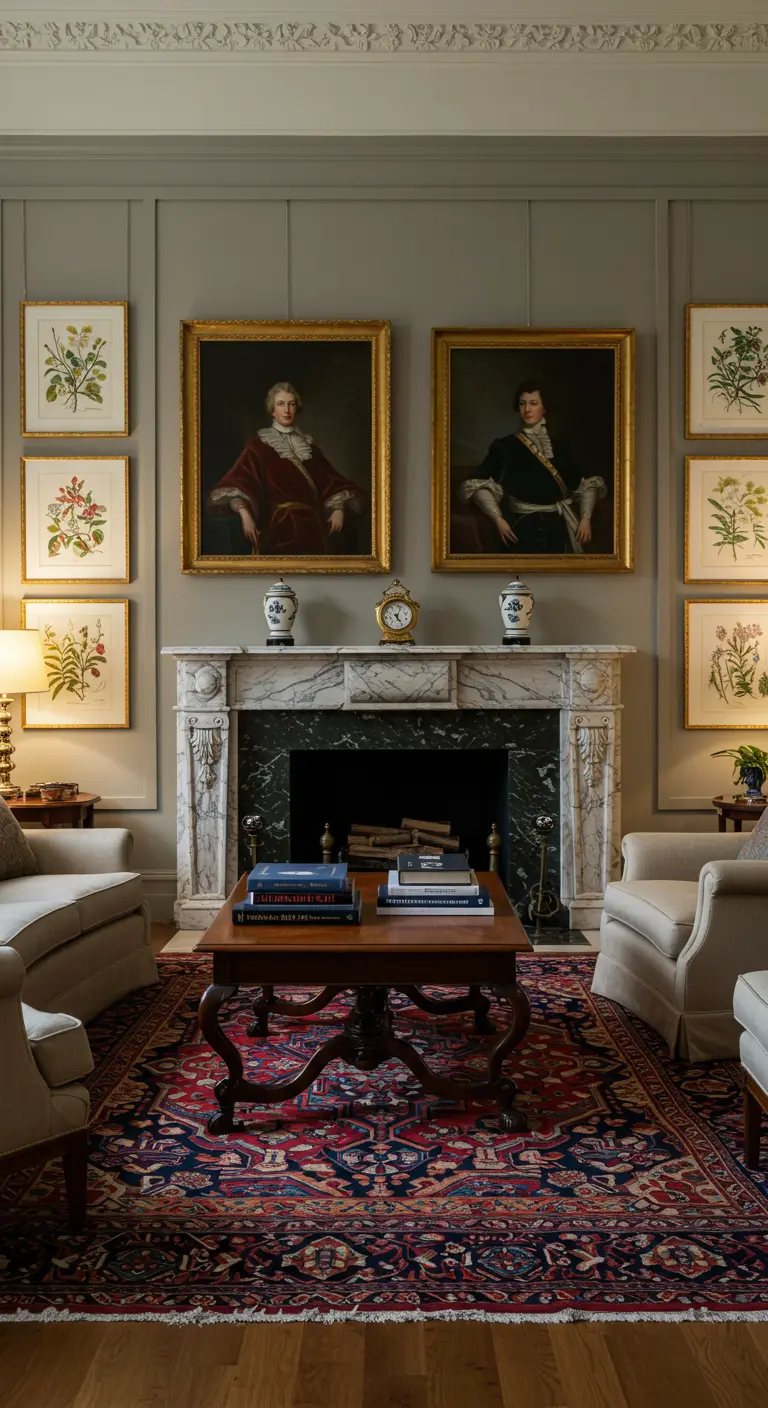 Salon classique avec deux grands portraits encadrés au-dessus d'une cheminée en marbre.