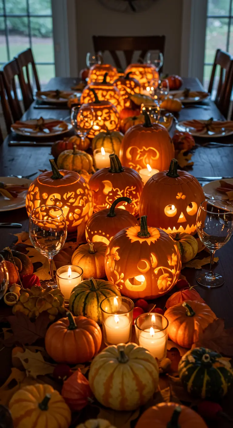 Table d'Halloween couverte de citrouilles sculptées et illuminées de différentes tailles.