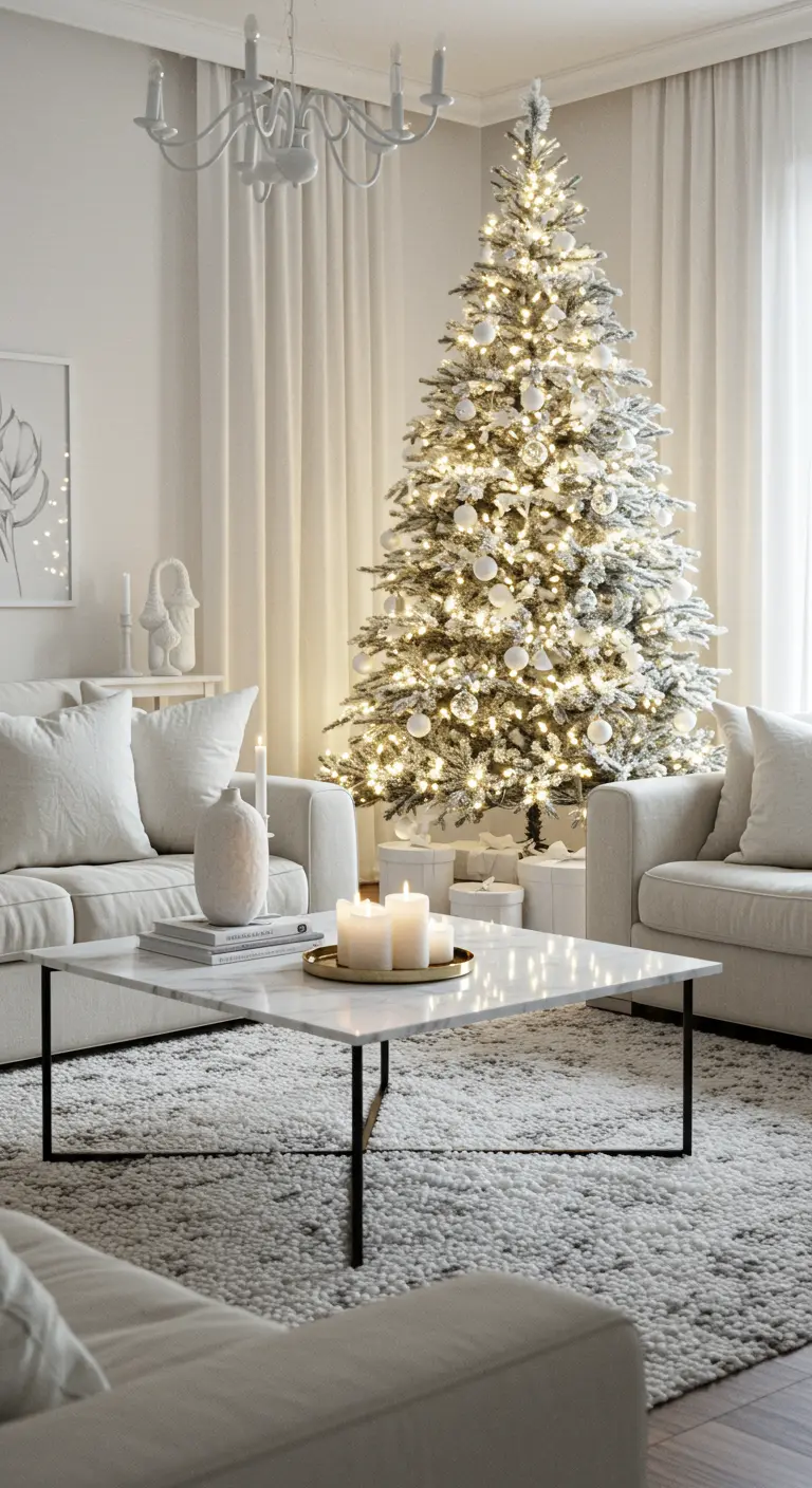 Salon blanc immaculé avec un sapin floqué de neige et des décorations blanches.