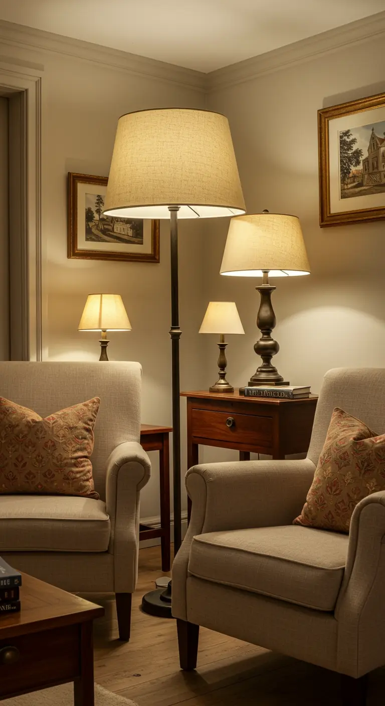 Un salon élégant avec plusieurs lampes à poser et un lampadaire allumés simultanément.