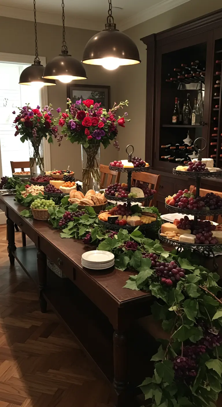 Buffet d'abondance avec une longue guirlande de vigne, des raisins et des fromages.