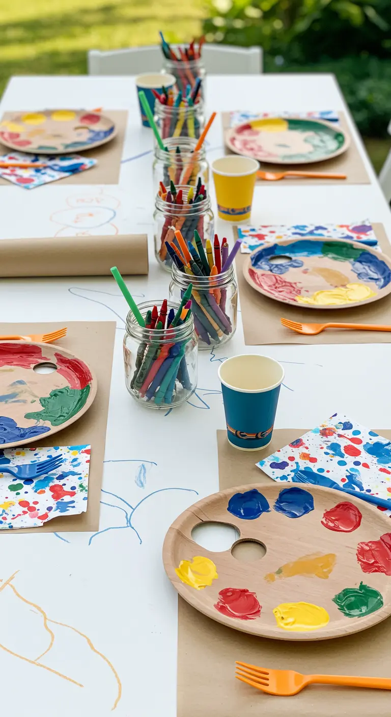 Table de fête créative avec du papier kraft et des palettes de peinture en guise d'assiettes.