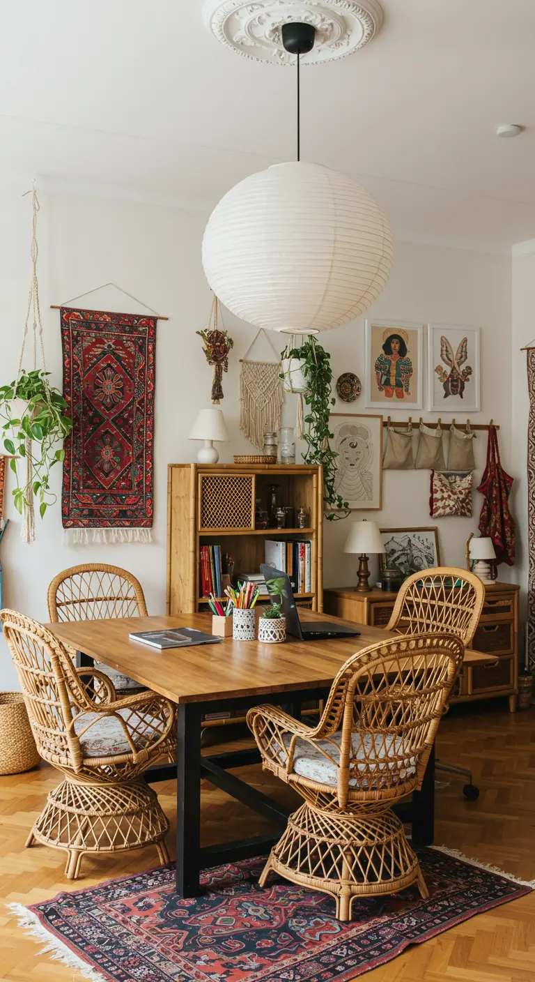 Table en bois servant de bureau partagé, entourée de chaises en rotin dans un décor bohème.