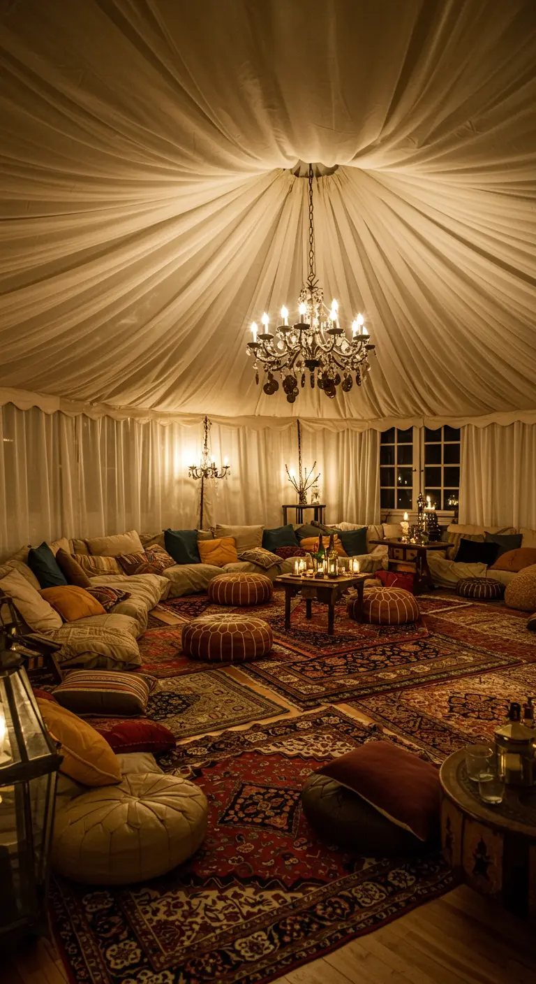 Intérieur d'une tente chic avec des tissus drapés, des tapis persans et un lustre.