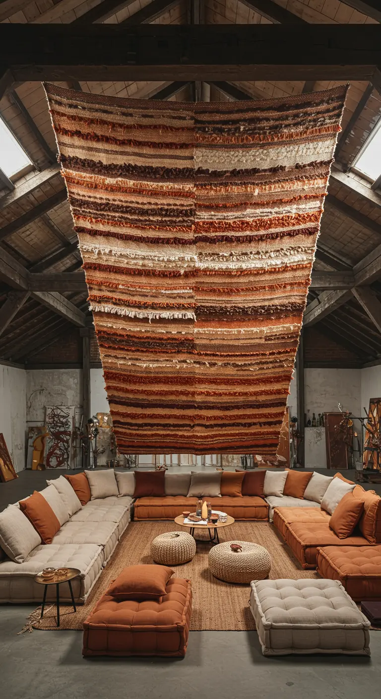 Un grand tapis texturé aux tons terre suspendu au-dessus d'un coin salon confortable.