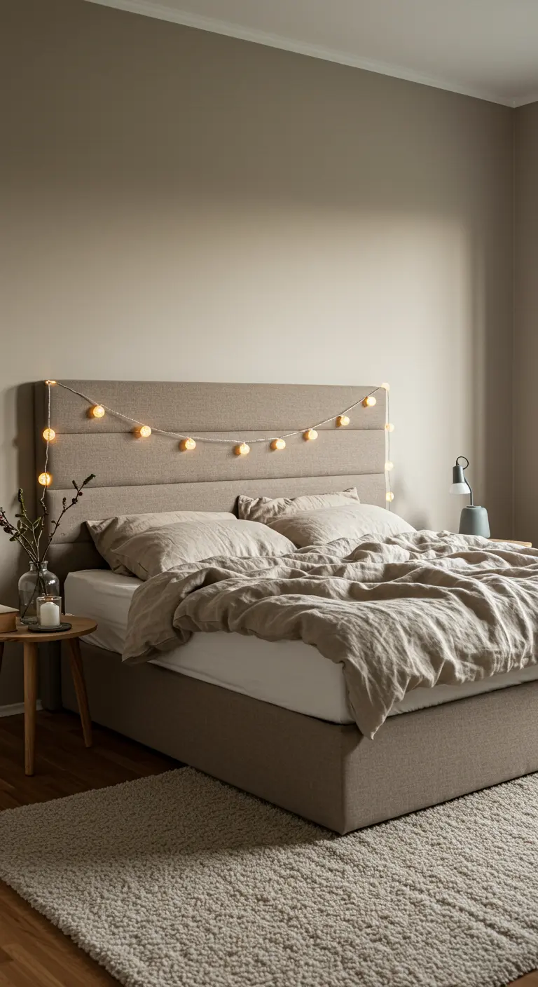 Tête de lit taupe décorée d'une guirlande lumineuse à boules.