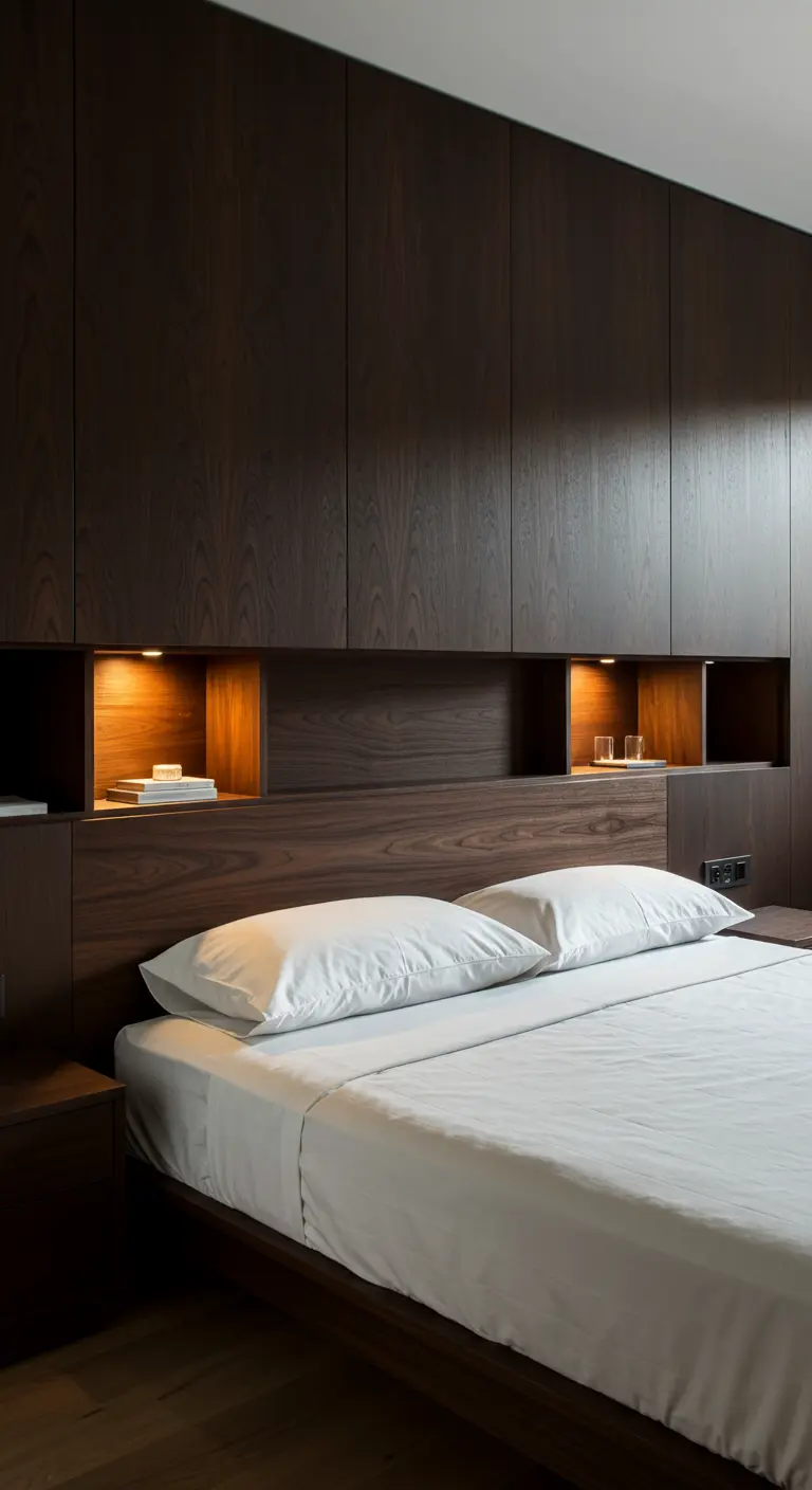 Tête de lit en bois sombre avec niches éclairées et rangements intégrés.