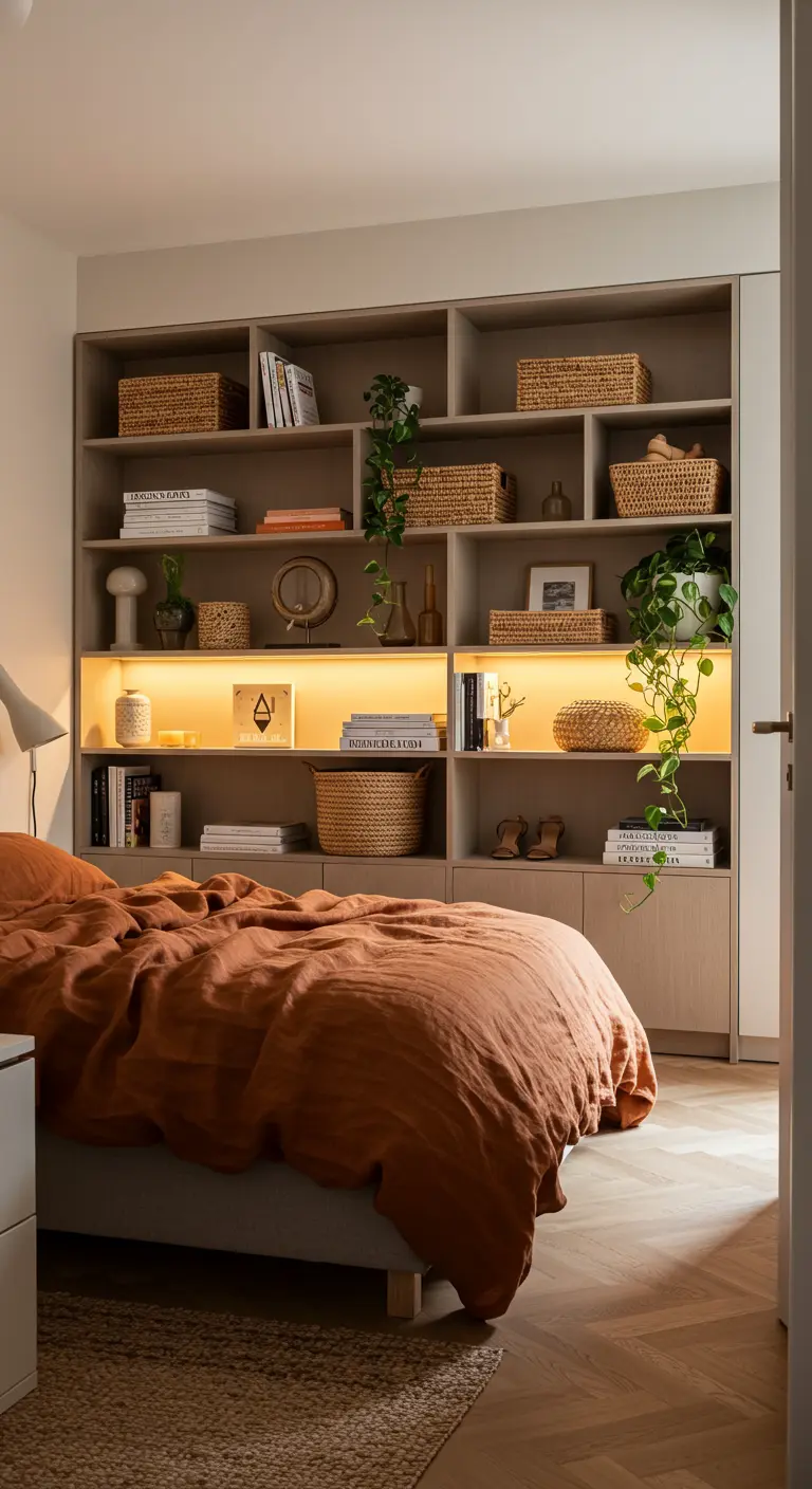 Tête de lit formée par une grande étagère en bois remplie de livres, de paniers et de plantes.