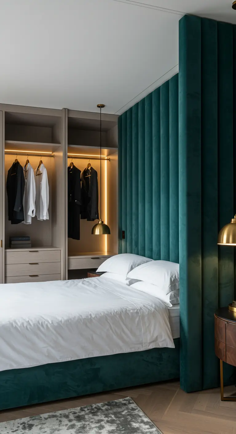 Chambre avec une tête de lit en velours vert émeraude servant de cloison pour un dressing éclairé.