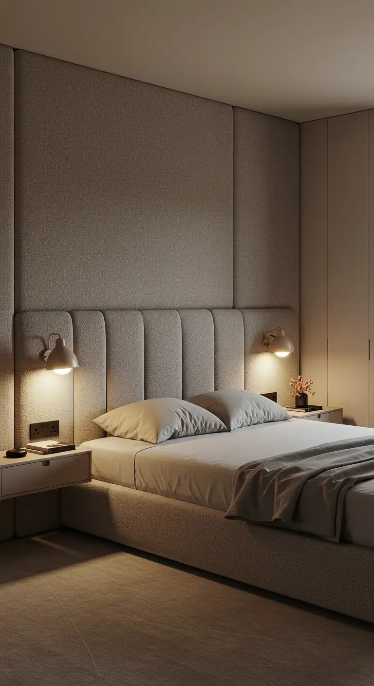 Chambre avec une grande tête de lit rembourrée et des appliques murales chaudes.