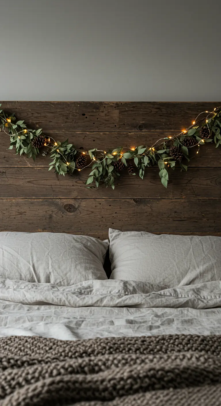 Guirlande d'eucalyptus, pommes de pin et lumières au-dessus d'un lit douillet.