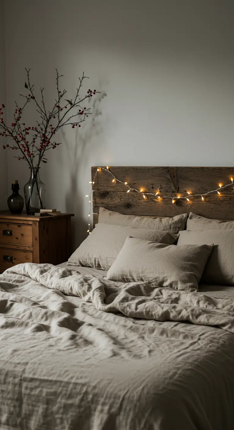 Tête de lit en bois décorée d'une simple guirlande lumineuse dans une chambre cosy.
