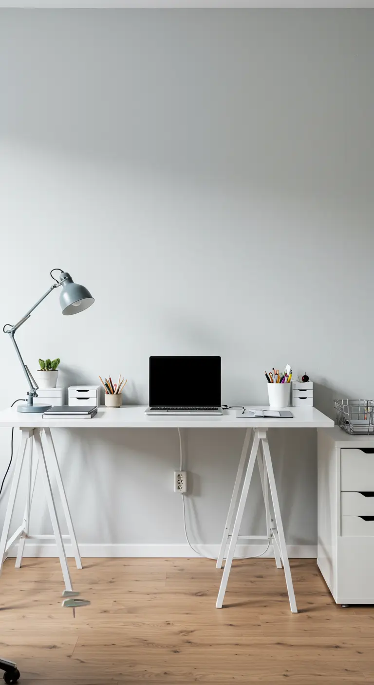 Bureau blanc minimaliste avec un ordinateur portable et une lampe design.
