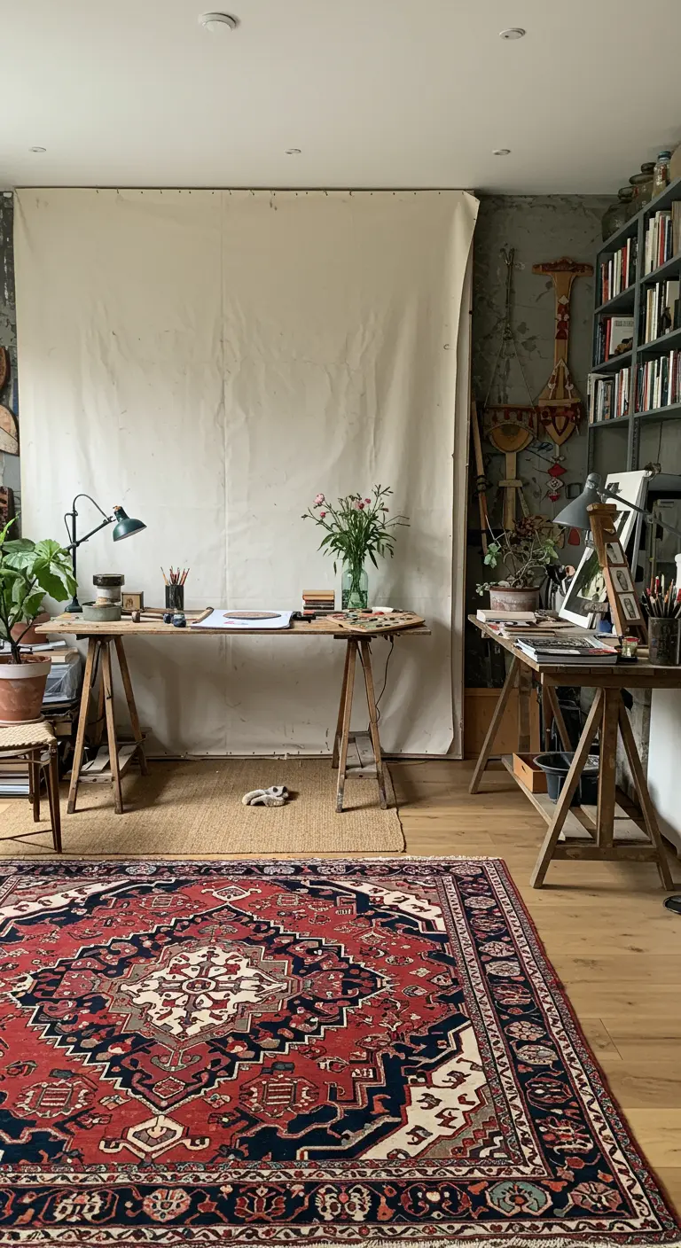 Bureau d'artiste avec une très grande toile vierge adossée au mur en arrière-plan, créant un fond texturé.