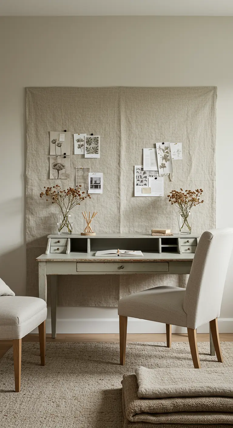 Grande pièce de tissu en lin suspendue derrière un bureau, utilisée comme moodboard.