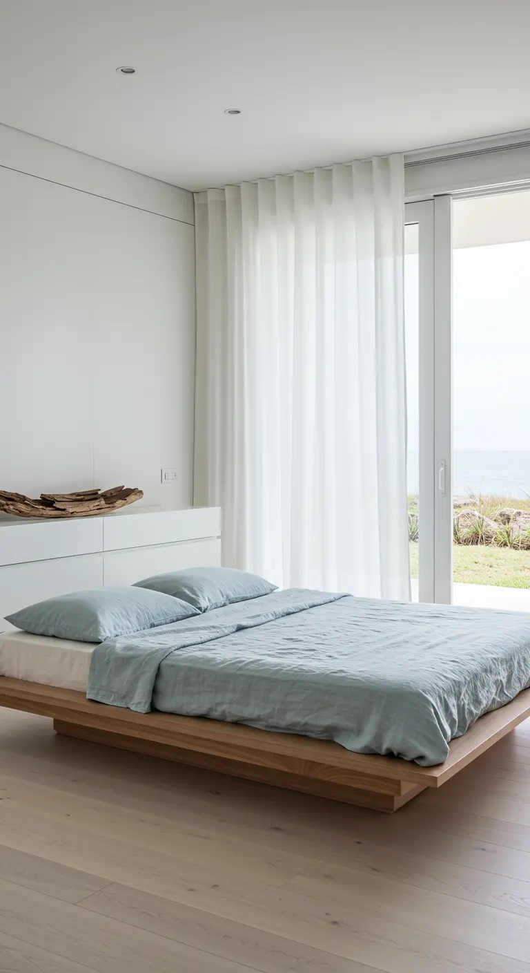 Chambre minimaliste avec linge de lit vert d'eau et vue sur l'extérieur.