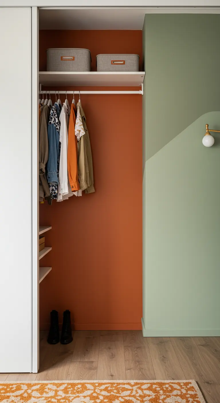 Placard avec un mur du fond peint en terracotta et des murs latéraux vert sauge.