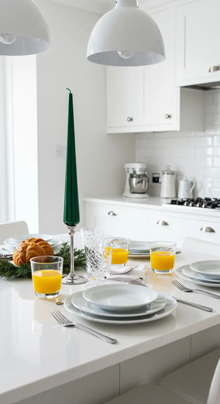 Table de petit-déjeuner blanche et minimaliste avec une seule longue bougie verte.