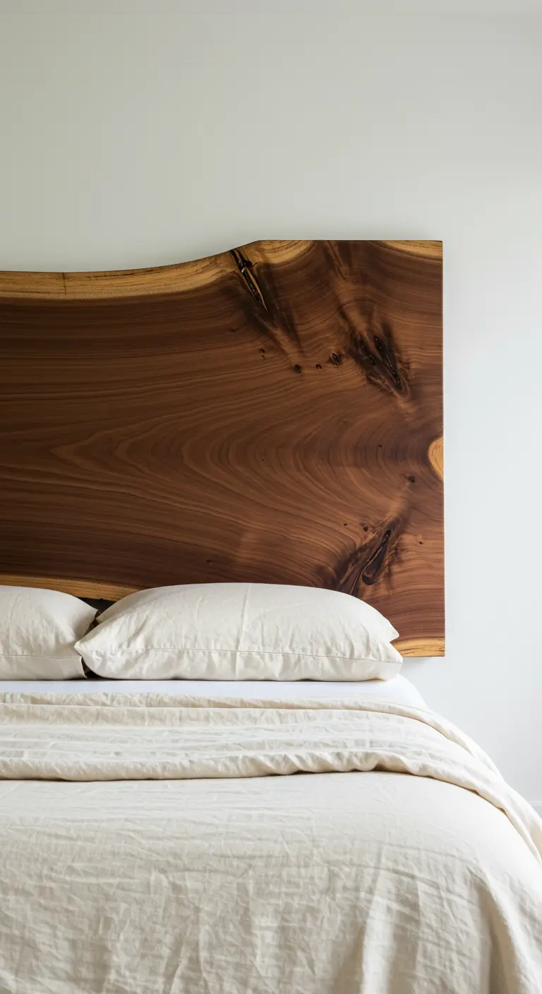 Une tête de lit faite d'une seule et large planche de bois de noyer avec des bords naturels.