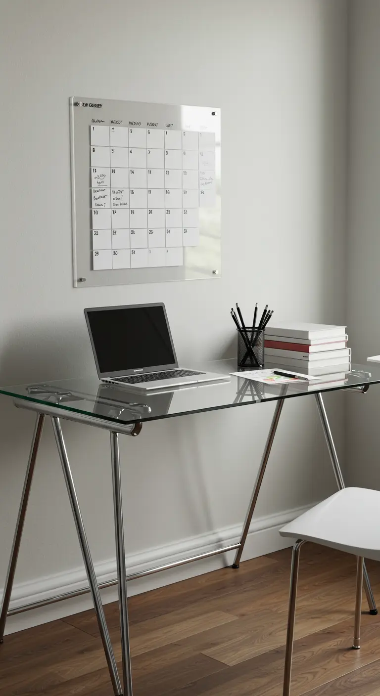 Bureau avec plateau en verre et pieds chromés, associé à un calendrier mural en acrylique.
