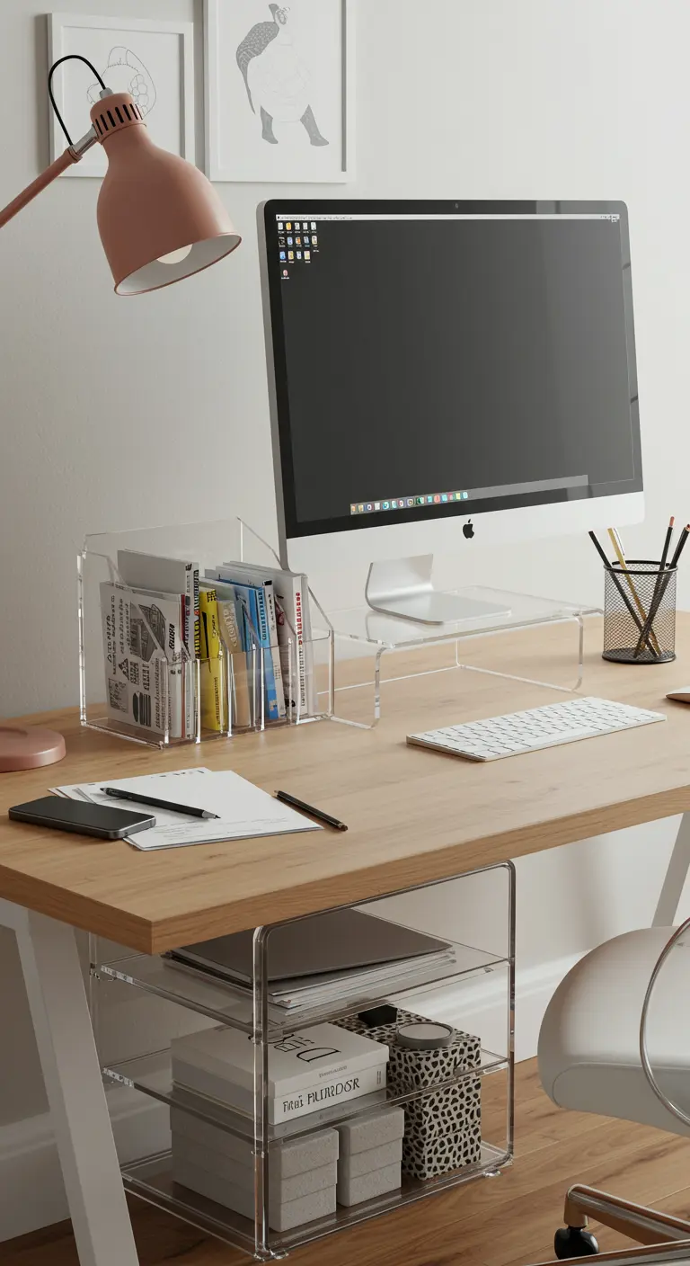 Bureau avec des organisateurs transparents en acrylique, dont un rehausseur d'écran.