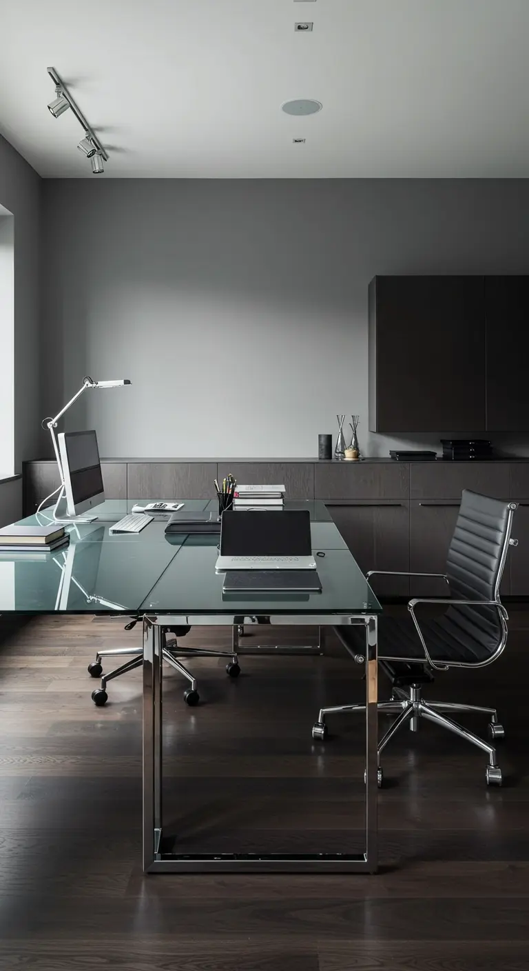 Grand bureau en verre et chrome dans un espace de travail moderne et minimaliste avec des murs gris.