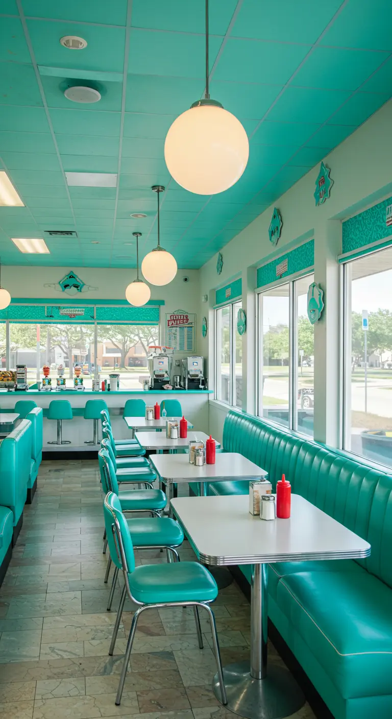 Intérieur de diner lumineux avec des banquettes et des murs turquoise.