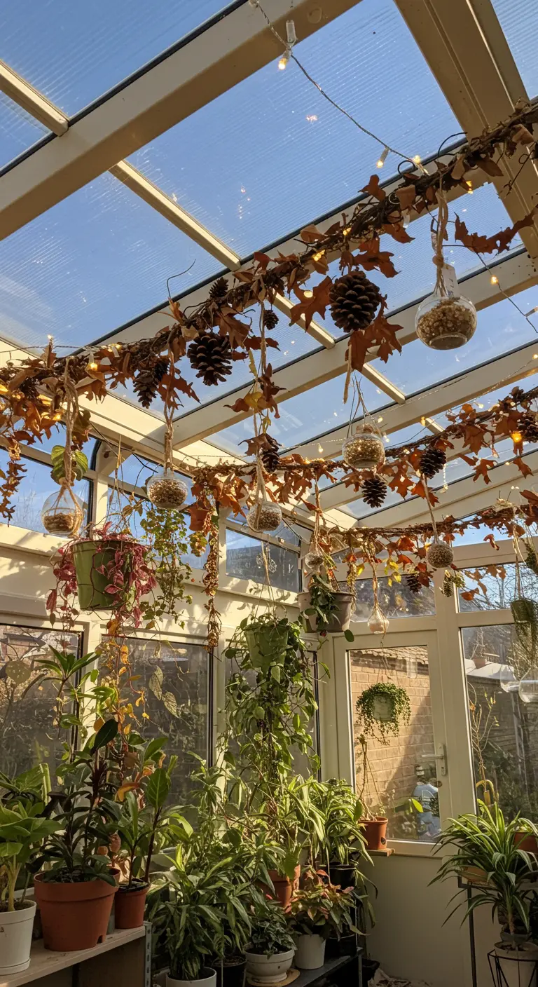 Plafond de serre décoré de guirlandes de feuilles séchées et de suspensions végétales.