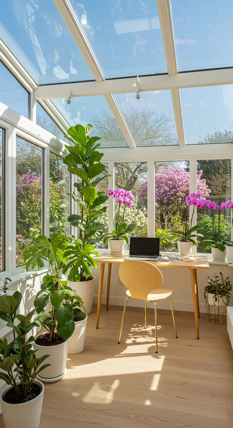 Bureau en bois clair dans une véranda, entouré de plantes vertes et d'orchidées roses.