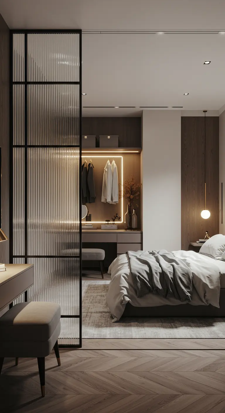 Chambre séparée d'un dressing par une grande verrière d'atelier en verre cannelé.