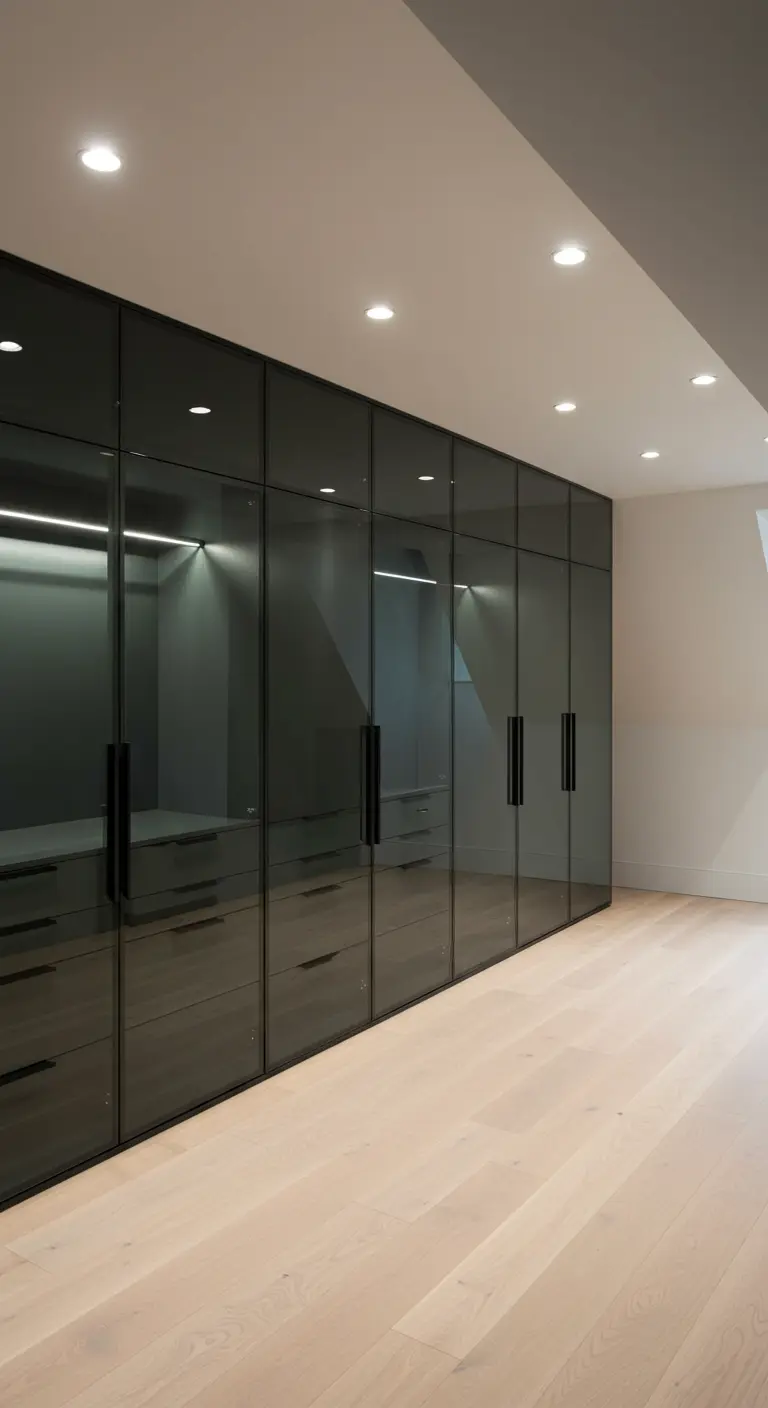 Dressing moderne avec de hautes portes en verre fumé et un parquet en bois clair.