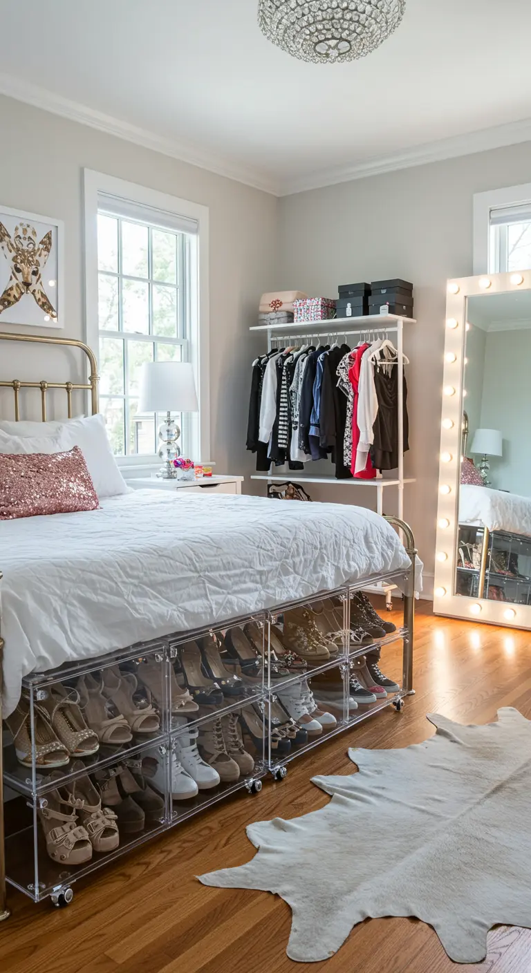 Rangement à chaussures transparent sur roulettes glissé sous un lit en métal doré.