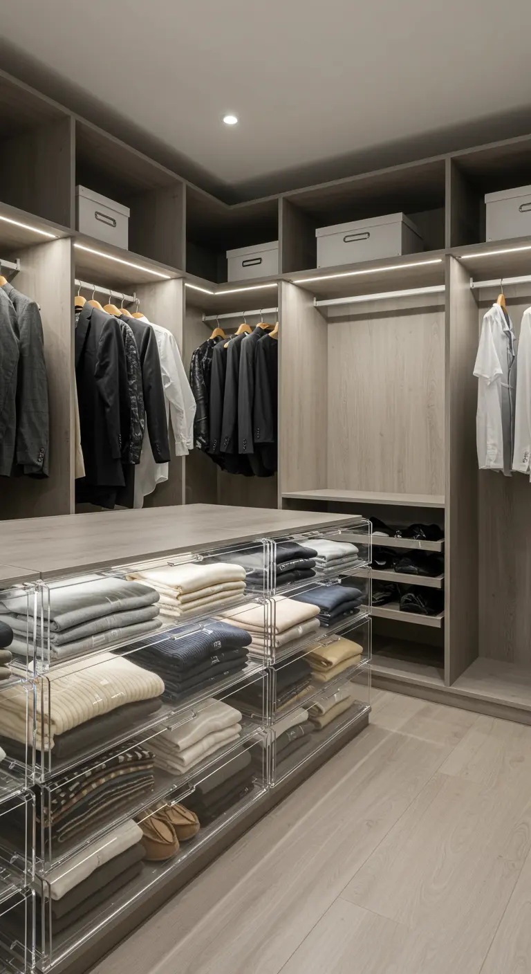 Îlot de dressing avec des étagères ouvertes et des séparateurs en acrylique transparent.