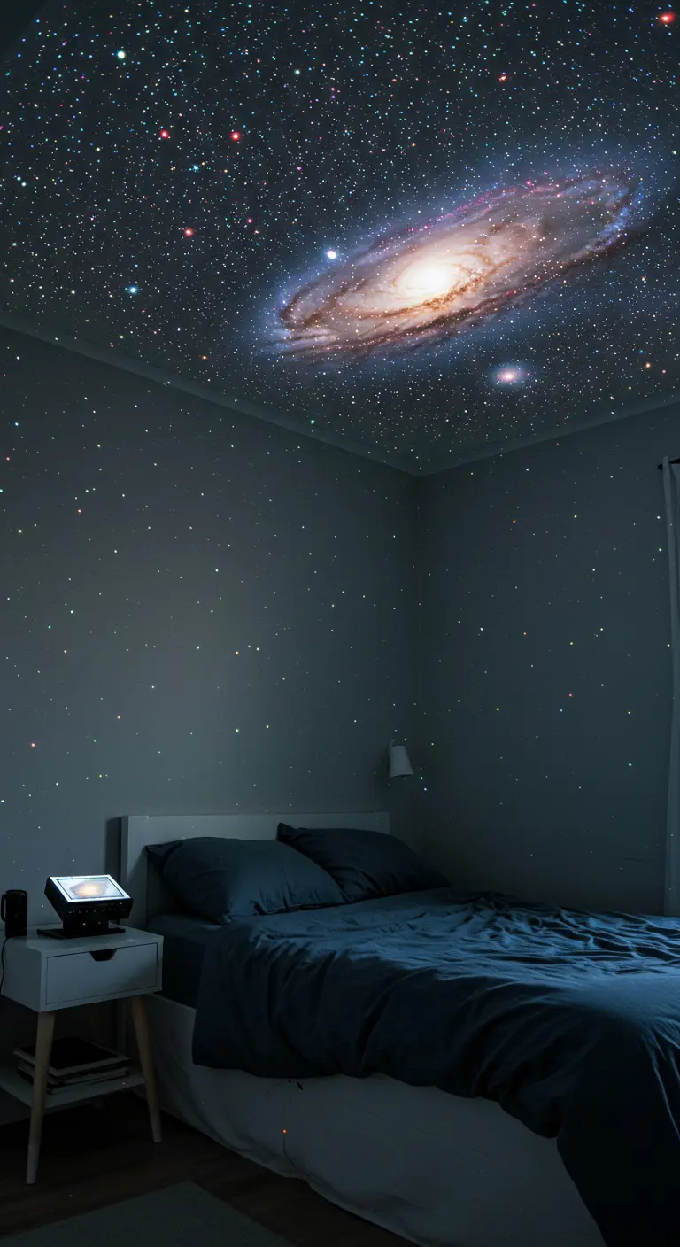 Le plafond d'une chambre est illuminé par la projection d'une galaxie et d'étoiles.