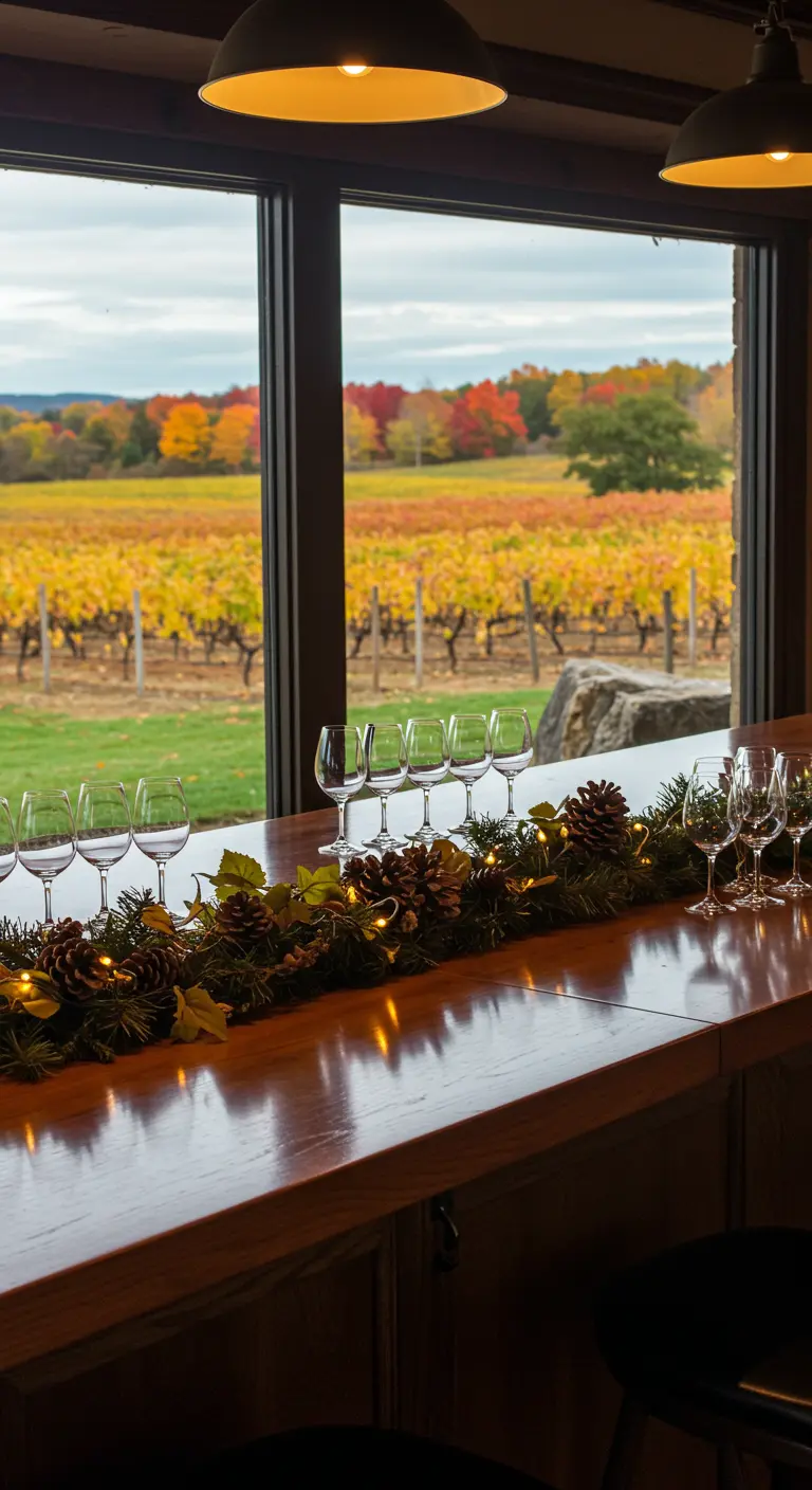 Comptoir de bar avec guirlande, donnant sur un vignoble aux couleurs d'automne.