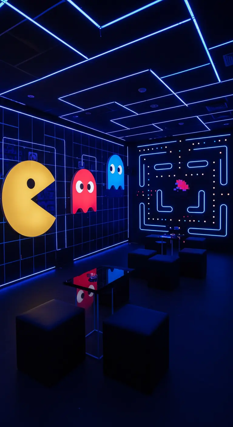 Pièce sombre décorée sur le thème Pac-Man avec des néons bleus.