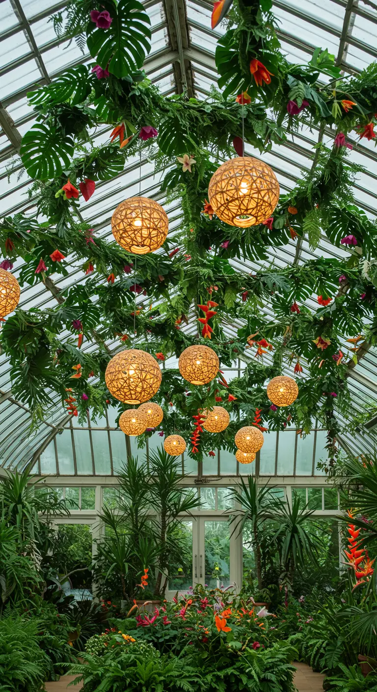 Plafond d'une serre tropicale avec des lanternes en bambou suspendues au milieu de la végétation.
