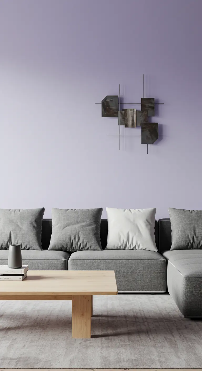 Salon minimaliste avec un mur lavande, un canapé modulaire gris et une sculpture murale en métal.