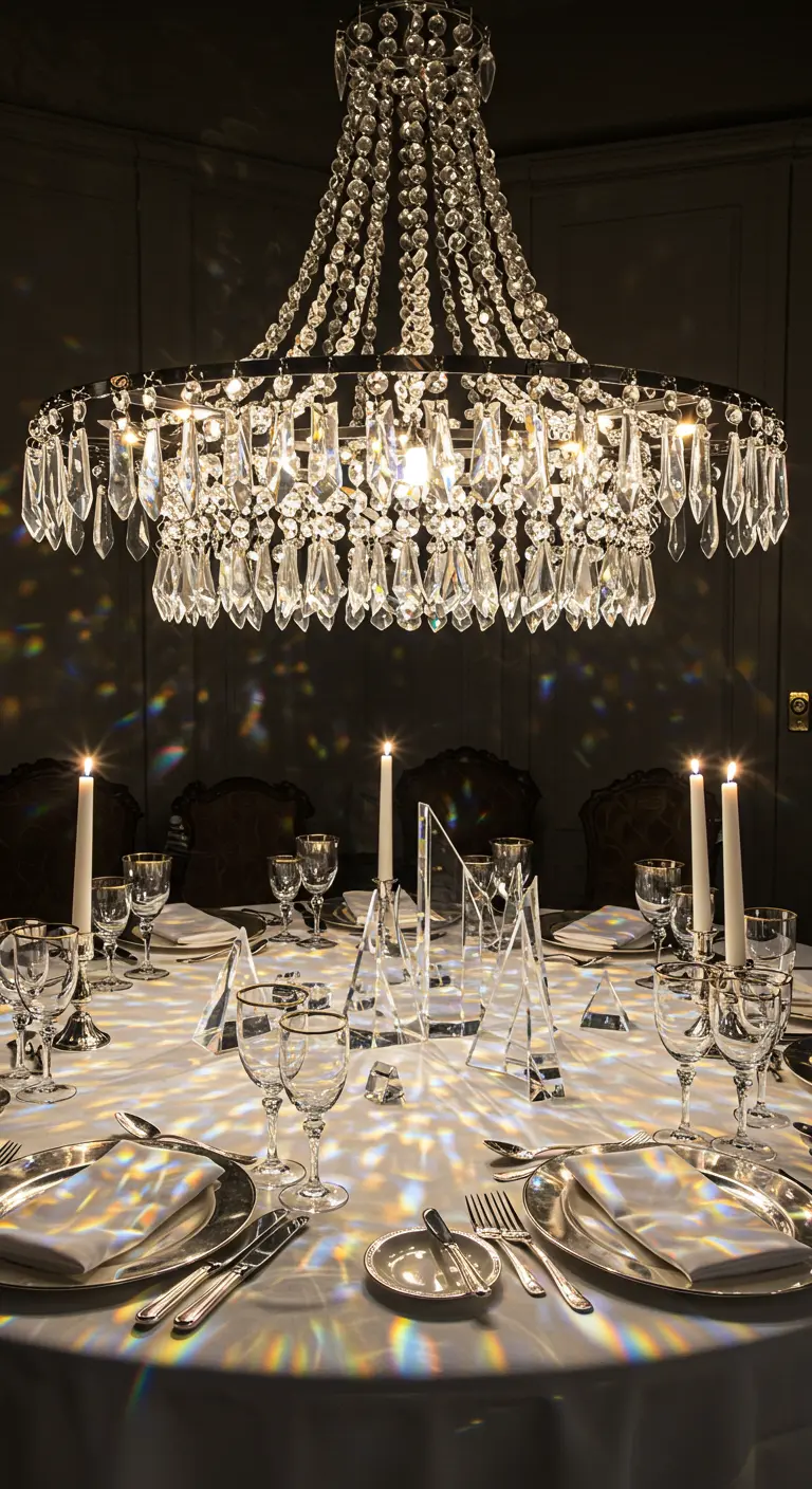 Table élégante sous un lustre en cristal, avec des prismes en verre qui réfractent la lumière.